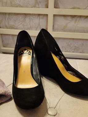 Fergalicious Black Suede Wedge Pumps